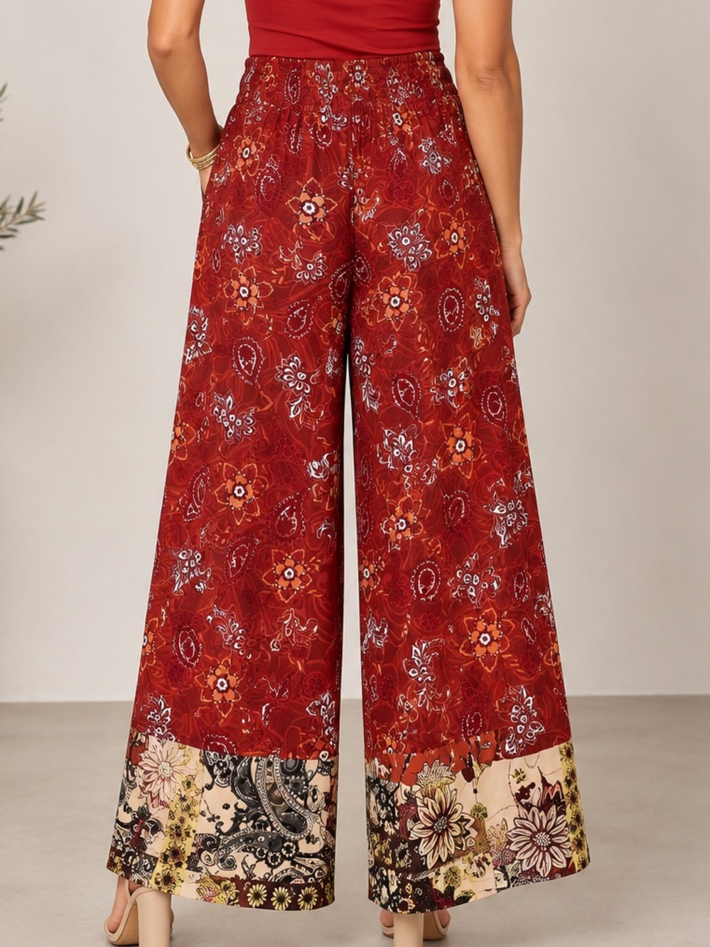 Bohemian Red Paisley Wide-Leg Pants - Picture 3 of 4